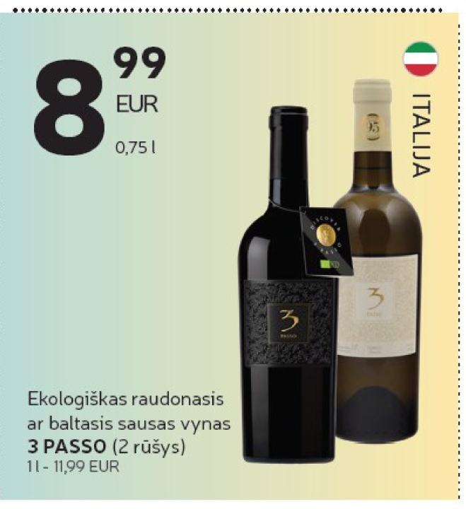 Ekologiškas raudonasis ar baltasis sausas vynas 3 PASSO, 0.75 l