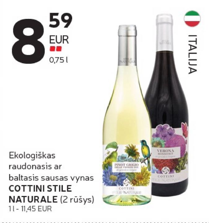 Ekologiškas raudonasis ar baltasis sausas vynas COTTINI STILE NATURALE, 0.75 l