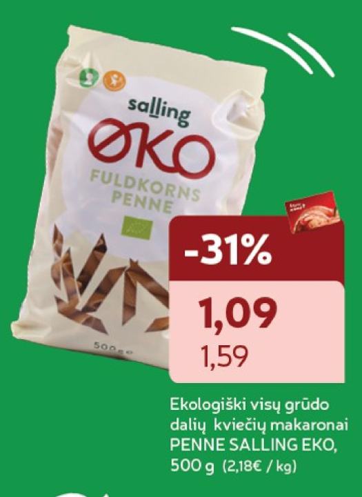 Ekologiški visų grūdo dalių kviečių makaronai PENNE SALLING EKO, 500 g