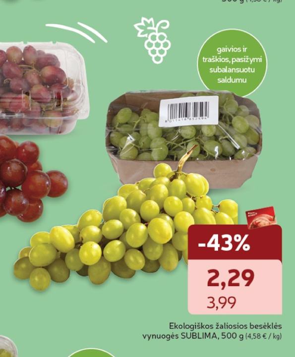 Ekologiškos žaliosios besėklės vynuogės SUBLIMA, 500 g