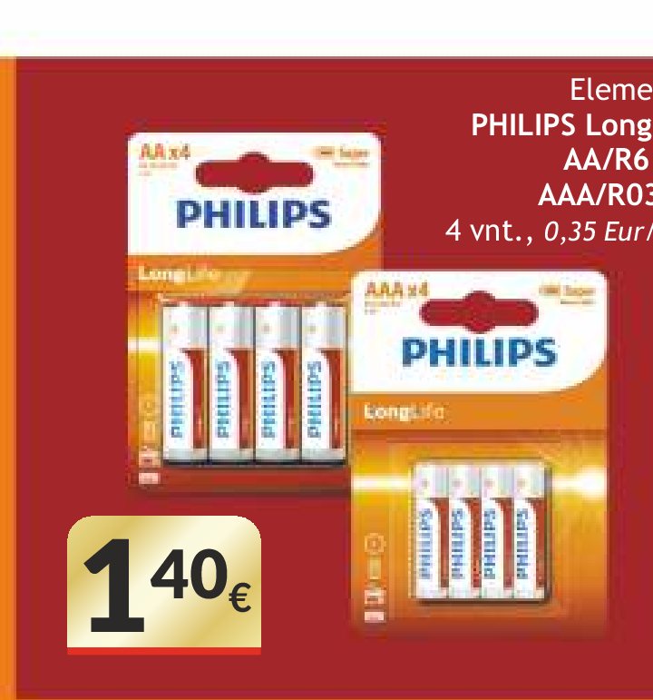 Elementai PHILIPS LongLife AAA/R03 B4, 4 vnt
