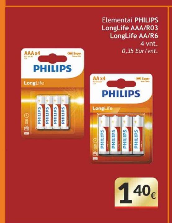 Elementai PHILIPS LongLife AAA/R03 / LongLife AA/R6, 4 vnt
