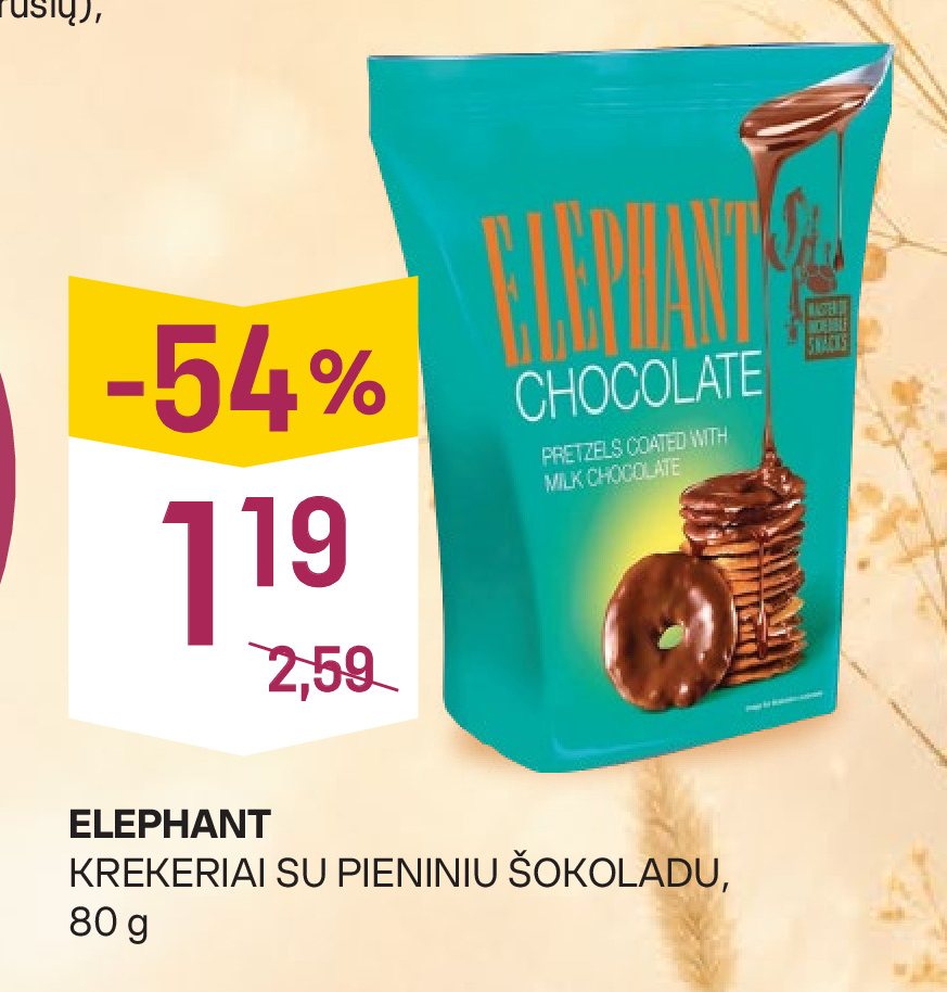 ELEPHANT KREKERIAI SU PIENINIU ŠOKOLADU, 80 g