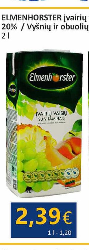 ELMENHORSTER įvairių vaisių sulčių gėrimas 20% / Vyšnių ir obuolių sulčių gėrimas 14%, 2 l