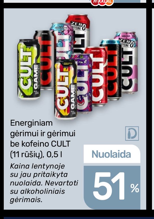 Energiniam gėrimui ir gėrimui be kofeino CULT, 0.5 l