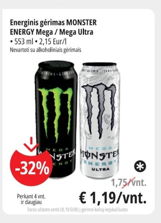 Energinis gėrimas MONSTER ENERGY Mega / Mega Ultra, 553 ml
