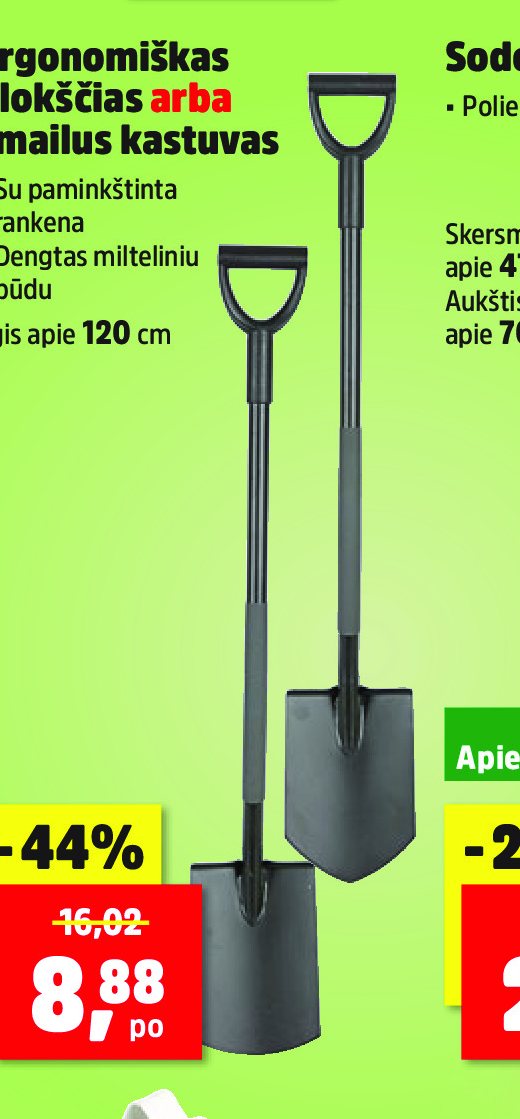 Ergonomiškas plokščias arba smailus kastuvas, 120 cm