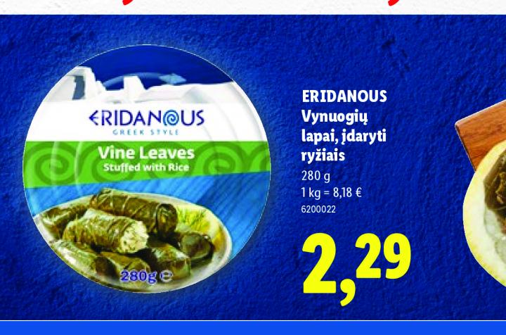 ERIDANOUS Vynuogių lapai, įdaryti ryžiais, 280 g