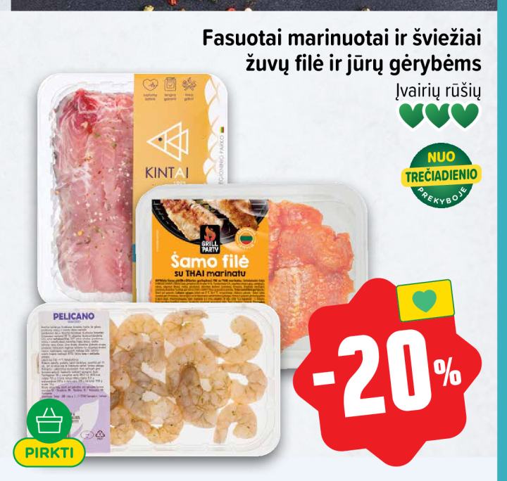 Fasuotai marinuotai ir šviežiai žuvų filė ir jūros gėrybėms