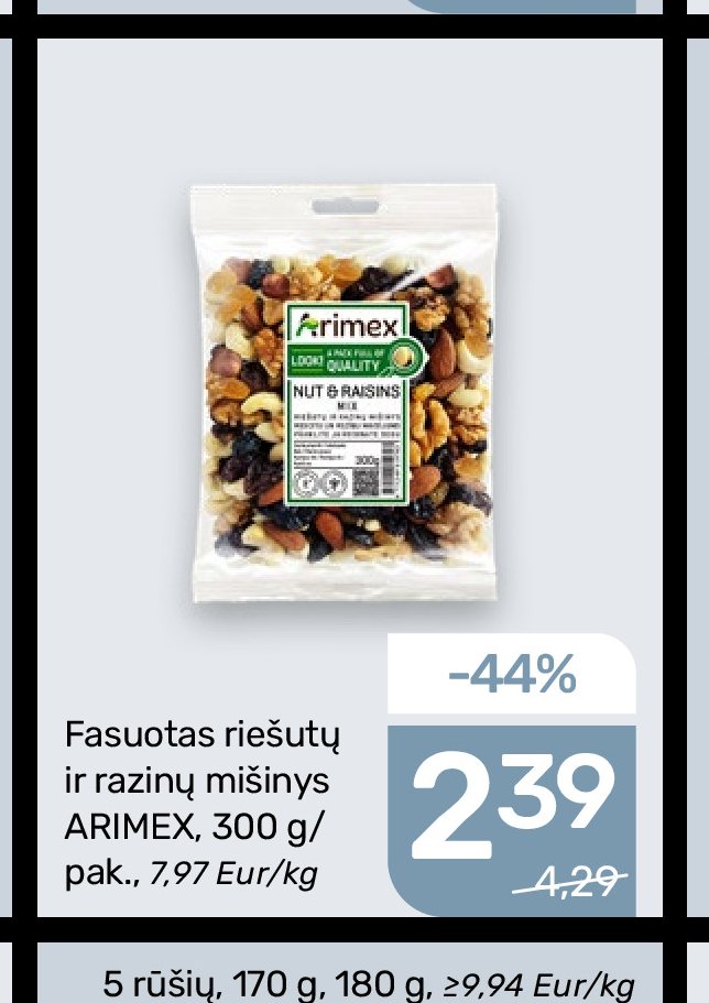 Fasuotas riešutų ir razinų mišinys ARIMEX, 300 g