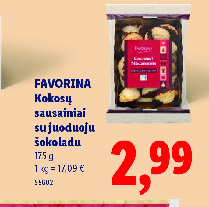FAVORINA Kokosų sausainiai su juoduoju šokoladu, 175 g