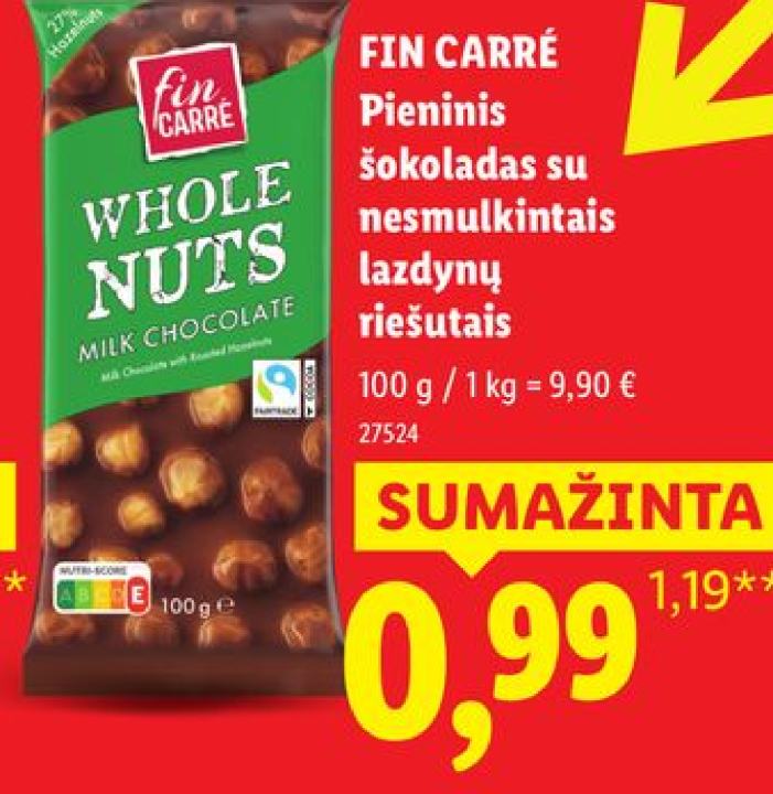 FIN CARRÉ Pieninis šokoladas su nesmulkintais lazdynų riešutais, 100 g