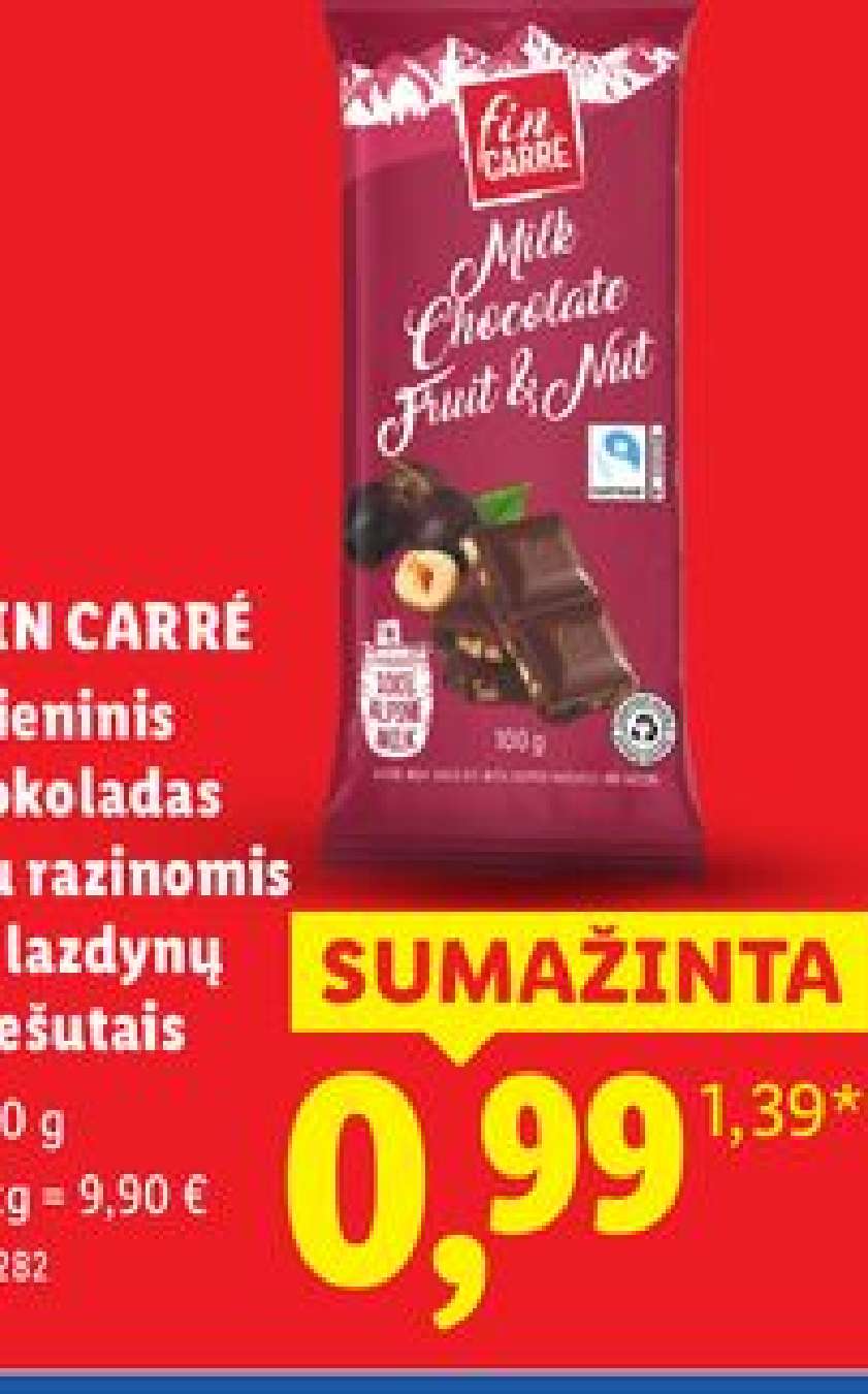 FIN CARRÉ Pieninis šokoladas su razinomis ir lazdynų riešutais, 100 g