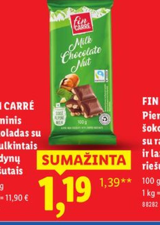 FIN CARRÉ Pieninis šokoladas su smulkintais lazdynų riešutais, 100 g