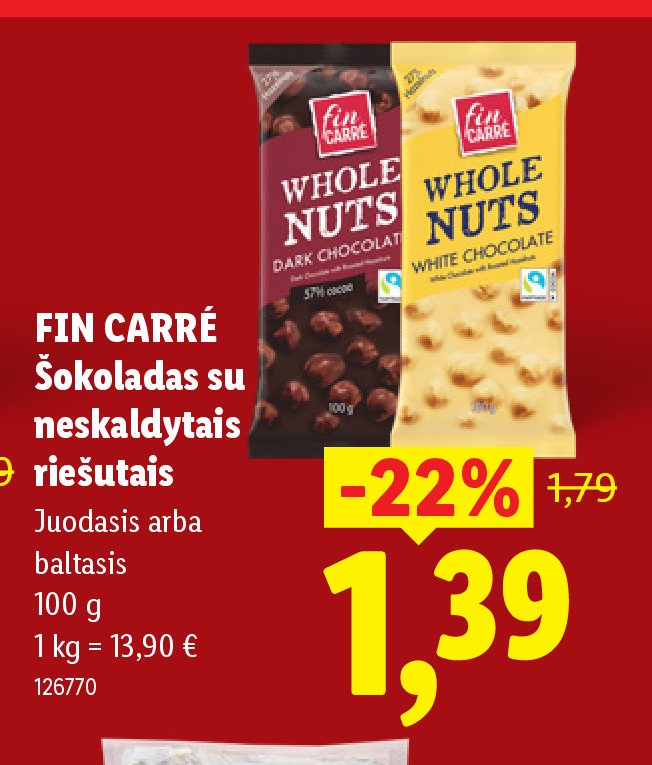 FIN CARRÉ Šokoladas su neskaldytais riešutais, 100 g