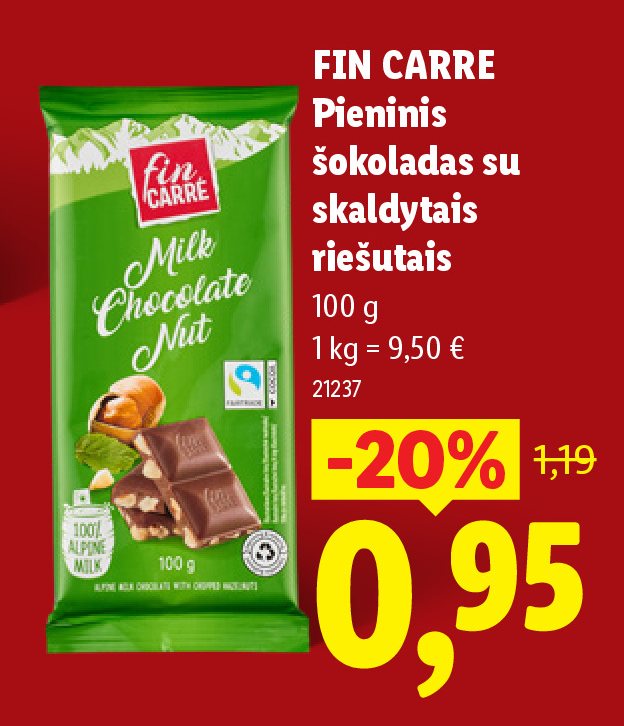 FIN CARRE Pieninis šokoladas su skaldytais riešutais, 100 g