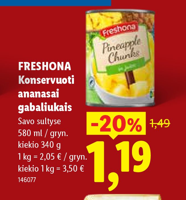 FRESHONA Konservuoti ananasai gabaliukais, 580 ml