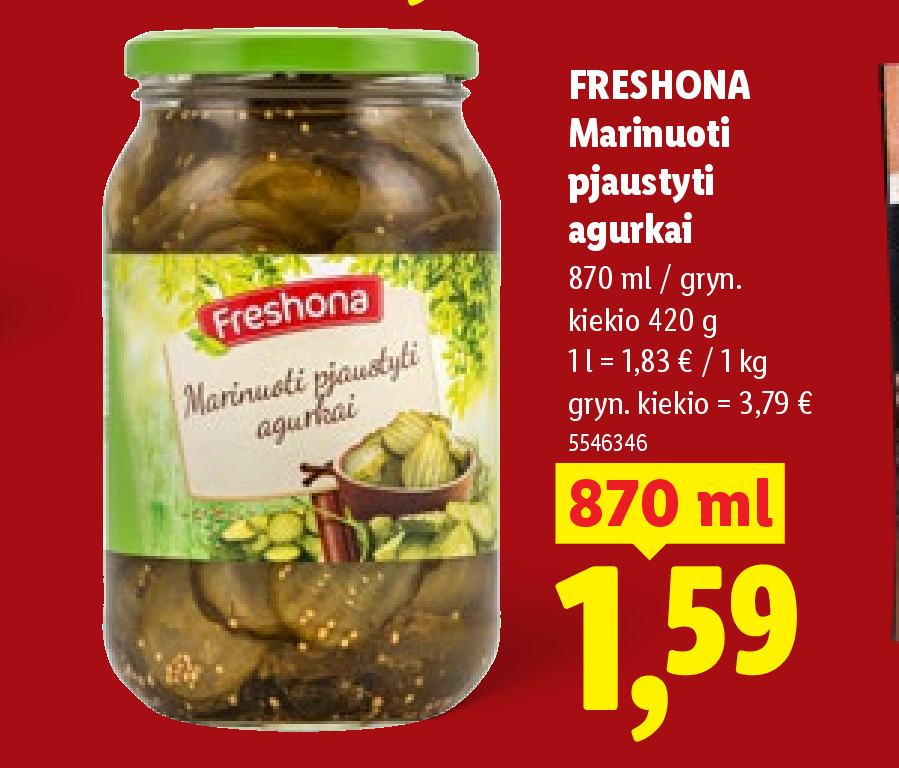 FRESHONA Marinuoti pjaustyti agurkai, 870 ml