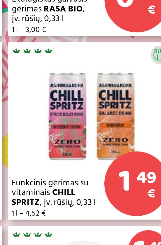 Funkcinis gėrimas su vitaminais CHILL SPRITZ, 0.33 l
