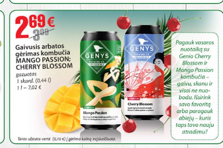 Gaivusis arbatos gėrimas kombučia MANGO PASSION; CHERRY BLOSSOM, 0.44 l