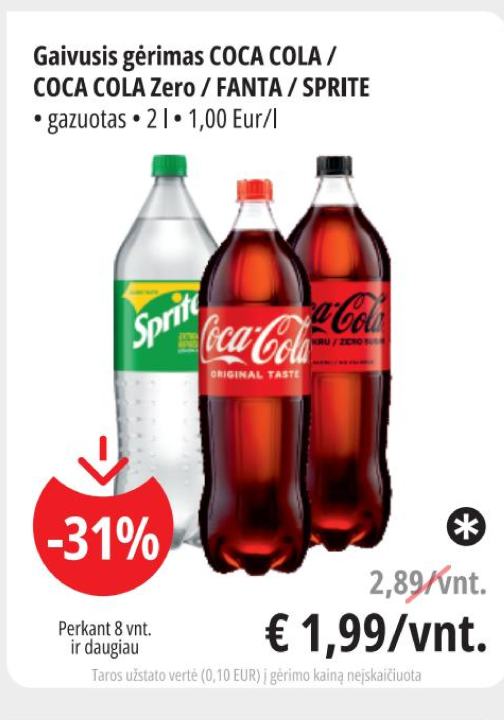 Gaivusis gėrimas COCA COLA / COCA COLA Zero / FANTA / SPRITE, 2 l