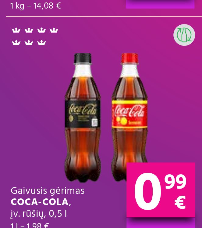 Gaivusis gėrimas COCA-COLA, įv. rūšių, 0.5 l