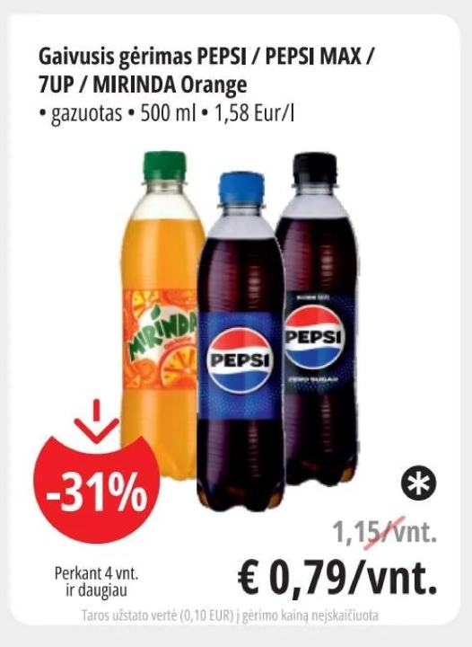 Gaivusis gėrimas PEPSI / PEPSI MAX / 7UP / MIRINDA Orange, 500 ml