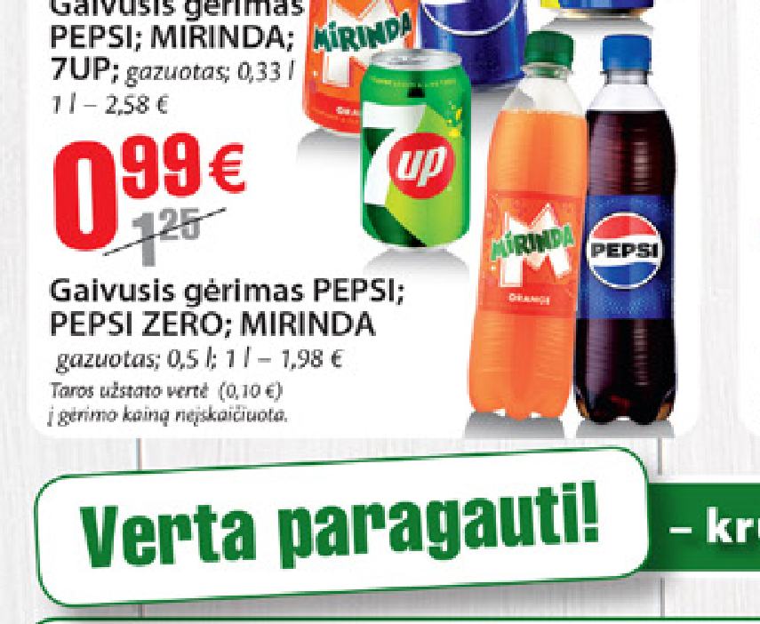 Gaivusis gėrimas PEPSI; PEPSI ZERO; MIRINDA, 0.5 l
