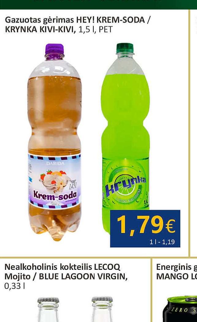 Gazoutas gėrimas HEY! KREM-SODA / KRYNKA KIVI-KIVI, 1.5 l