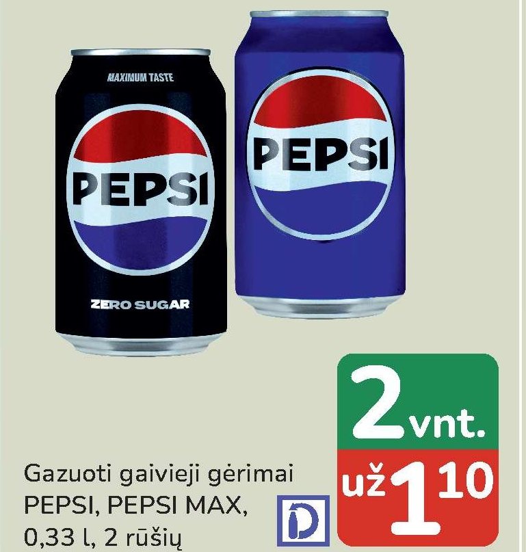 Gazuo ti gaivieji gėrimai PEPSI, PEPSI MAX, 0.33 l
