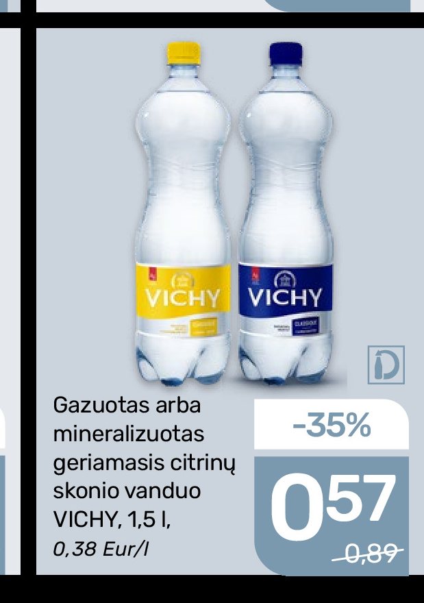 Gazuotas arba mineralizuotas geriamasis citrinų skonio vanduo VICHY, 1.5 l