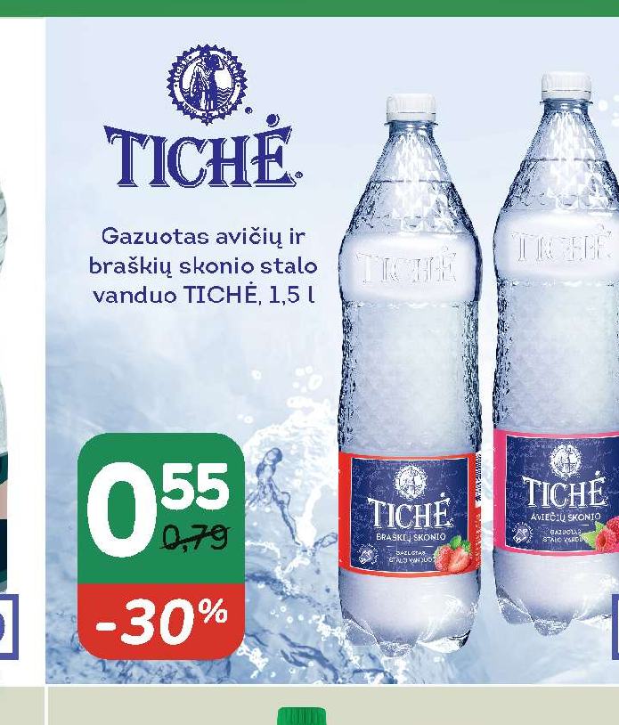 Gazuotas aviečių ir braškių skonio stalo vanduo TICHĖ, 1.5 l