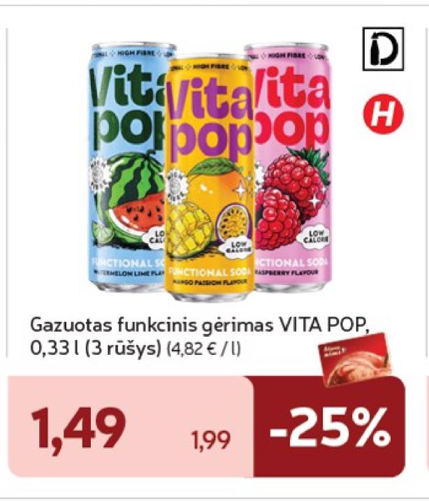 Gazuotas funkcinis gėrimas VITA POP, 0.33 l