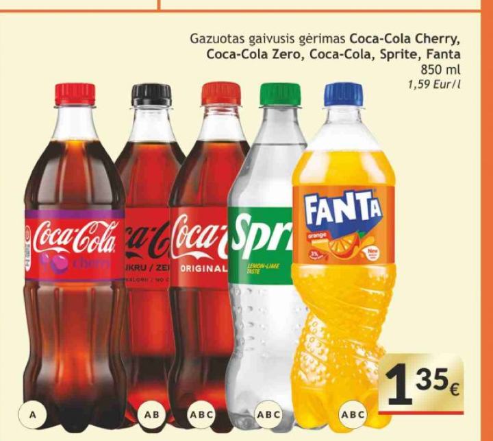 Gazuotas gaivusis gėrimas Coca-Cola Cherry, Coca-Cola Zero, Coca-Cola, Sprite, Fanta, 850 ml