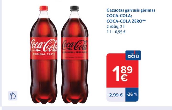 Gazuotas gaivusis gėrimas COCA-COLA; COCA-COLA ZERO, 2 l
