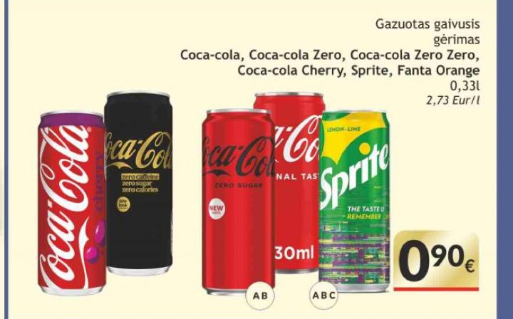 Gazuotas gaivusis gėrimas Coca-Cola, Coca-Cola Zero, Coca-Cola Zero Zero, Coca-cola Cherry, Sprite, Fanta Orange, 0.33 l