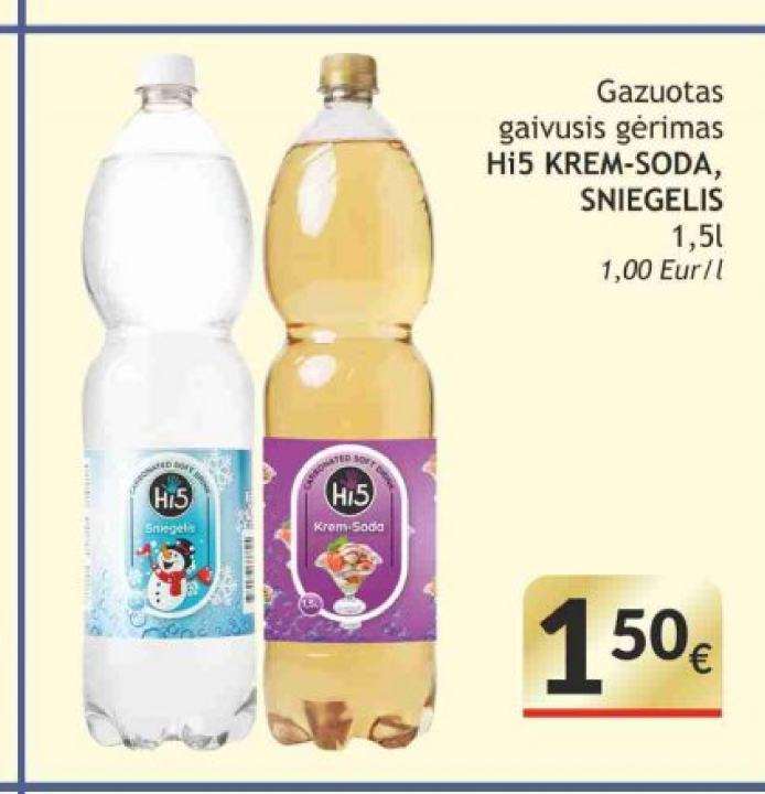 Gazuotas gaivusis gėrimas HI5 KREM-SODA, SNIEGELIS, 1.5 l