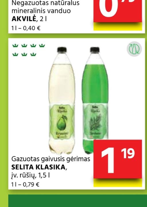 Gazuotas gaivusis gėrimas SELTA KLASIKA, 1.5 l