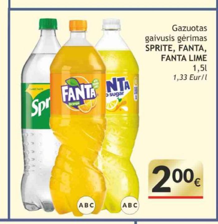 Gazuotas gaivusis gėrimas SPRITE, FANTA, FANTA LIME, 1.5 l