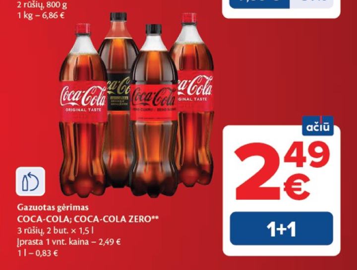 Gazuotas gėrimas COCA-COLA; COCA-COLA ZERO, 1.5 l