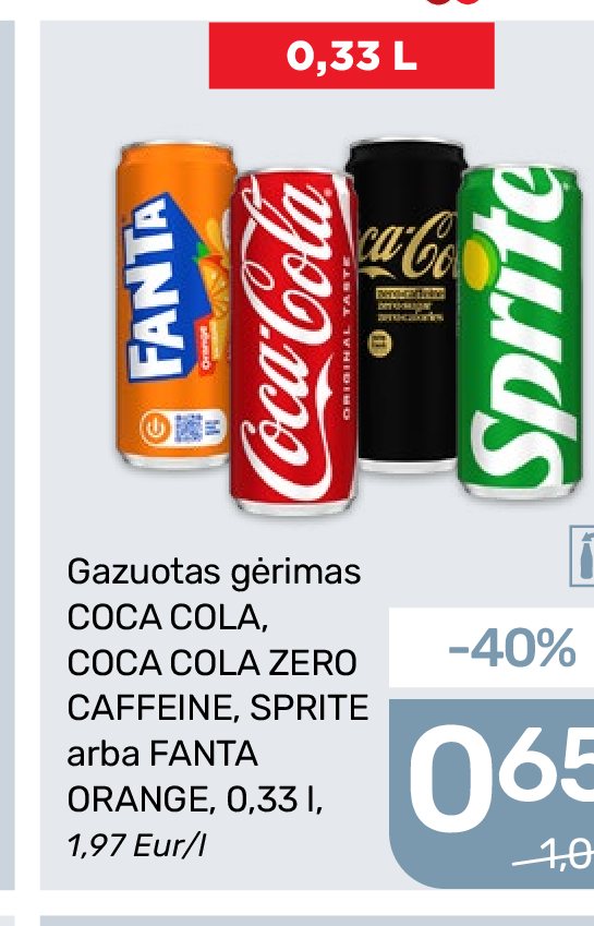 Gazuotas gėrimas COCA COLA, COCA COLA ZERO CAFFEINE, SPRITE arba FANTA ORANGE, 0.33 l