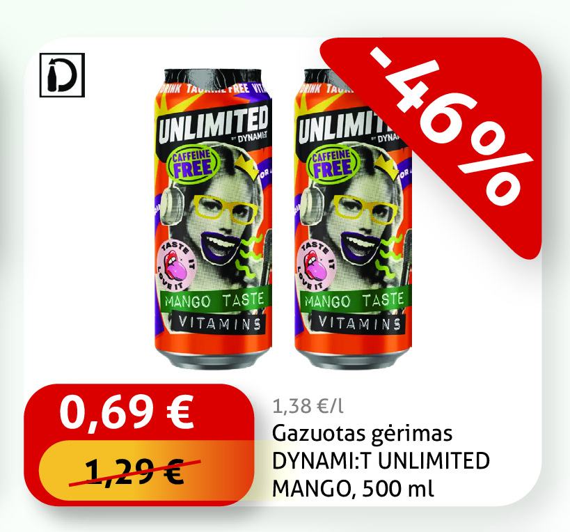 Gazuotas gėrimas DYNAMI:T UNLIMITED MANGO, 500 ml
