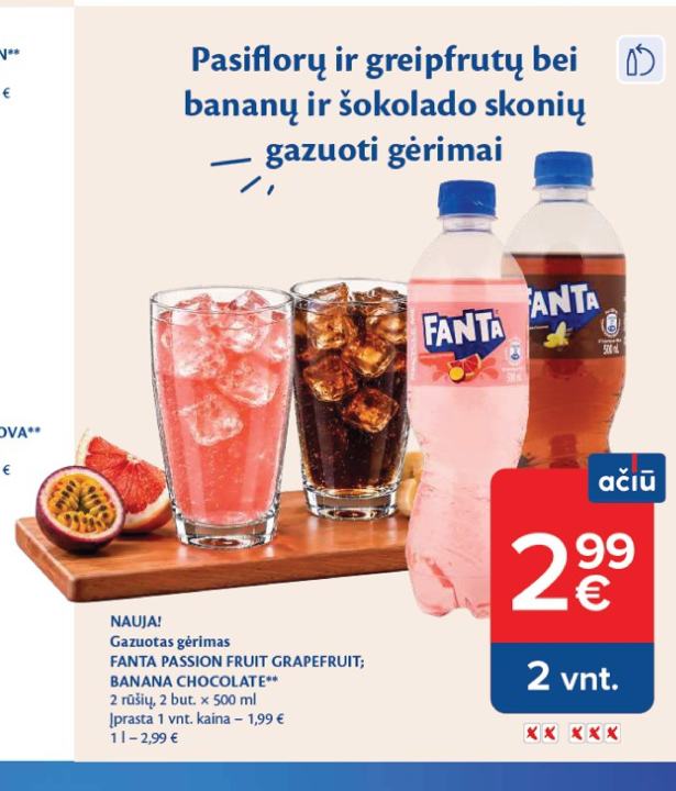 Gazuotas gėrimas FANTA PASSION FRUIT GRAPEFRUIT; BANANA CHOCOLATE, 500 ml