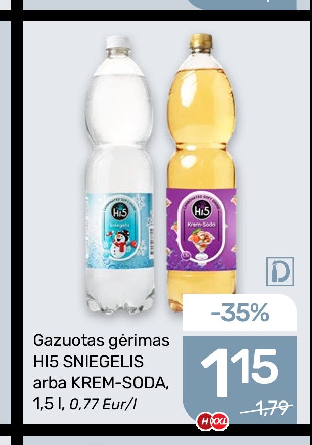Gazuotas gėrimas HI5 SNIEGELIS arba KREM-SODA, 1.5 l