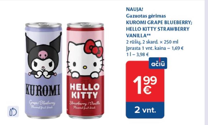 Gazuotas gėrimas KUROMI GRAPE BLUEBERRY; HELLO KITTY STRAWBERRY VANILLA, 2 skard.