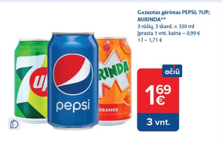 Gazuotas gėrimas PEPSI; 7UP; MIRINDA, 3 skard.