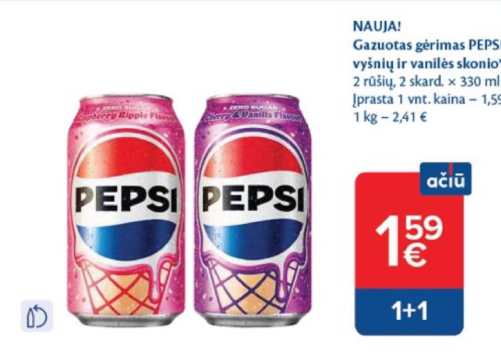 Gazuotas gėrimas PEPSI ZERO, vyšnių ir vanilės skonio, 2 skard.