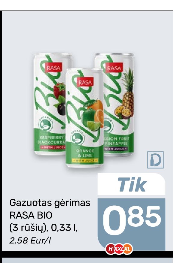 Gazuotas gėrimas RASA BIO, 0.33 l