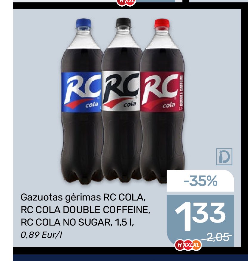 Gazuotas gėrimas RC COLA, RC COLA DOUBLE COFFEINE, RC COLA NO SUGAR, 1.5 l