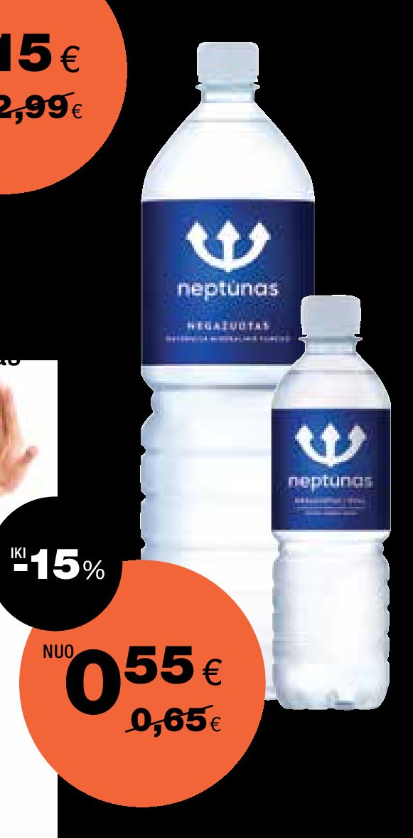 Gazuotas ir negazuotas natūralus mineralinis vanduo NEPTŪNAS, 0.5 l